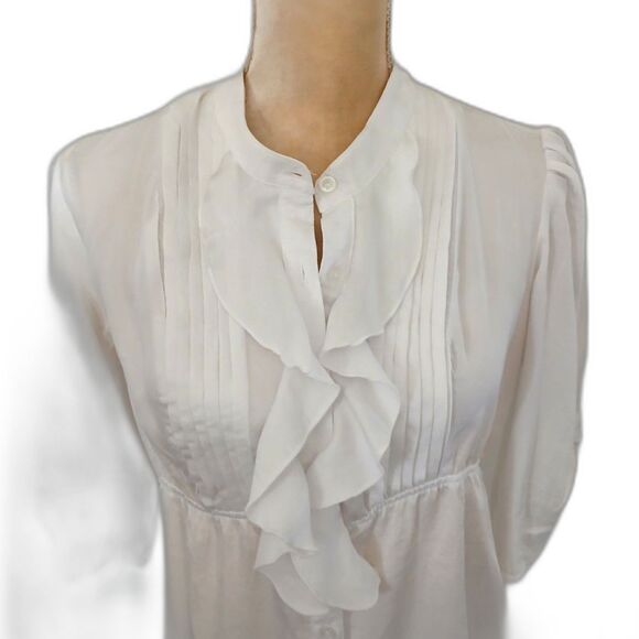 Maurices Women’s White Ruffle Front Blouse Top Size XS 3/4 Sleeve Pintuck - Picture 2 of 5